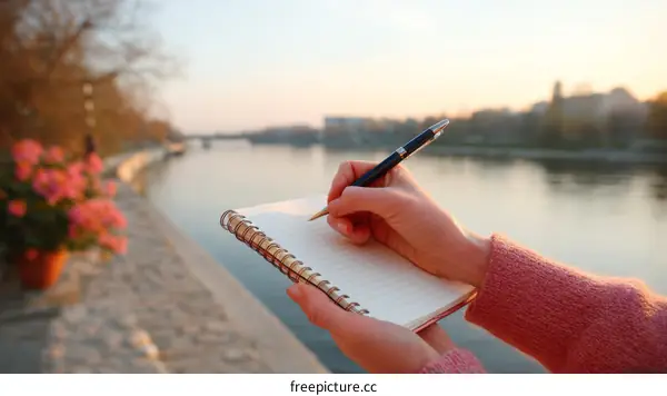 Woman Writing in a Notebook by the River at Sunset