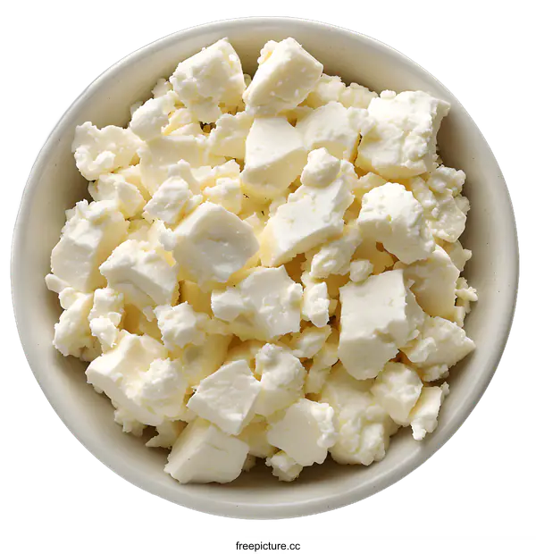 [Transparent Background PNG]Top view of a bowl of feta cheese