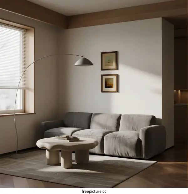 Cozy Modern Living Room with Gray Sofa and Curved Floor Lamp