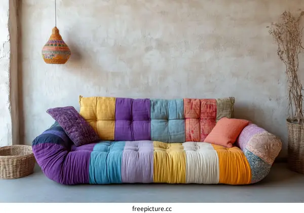 Colorful Patchwork Sofa in Modern Living Room