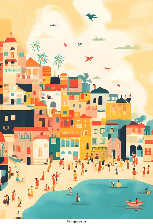 Colorful Illustration of a Seaside Town with People