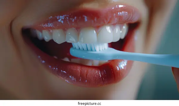 Close-up of woman brushing her teeth with blue toothbrush