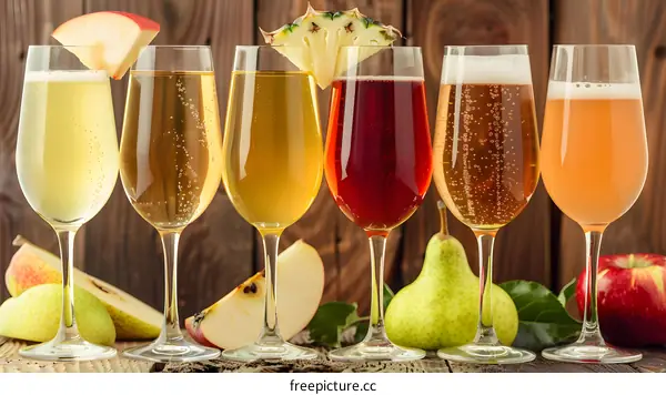 Assortment of Flavored Sparkling Cider in Glasses