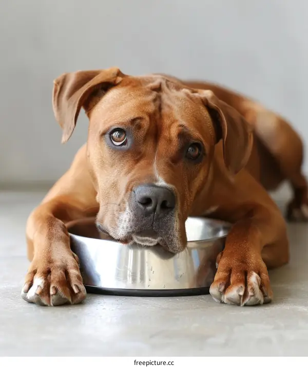 Brown dog lying down with head resting on an empty bowl