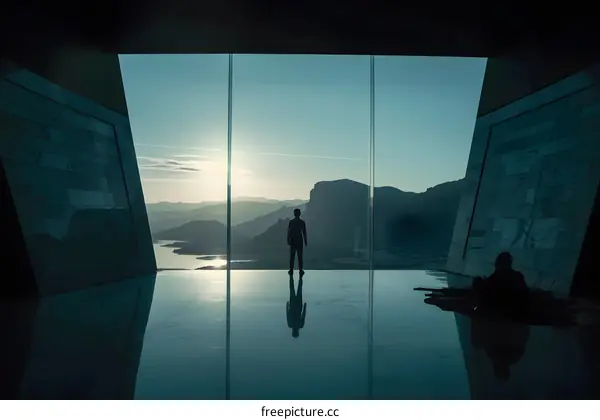 Silhouettes of Two People Looking Out a Window at a Mountain Range