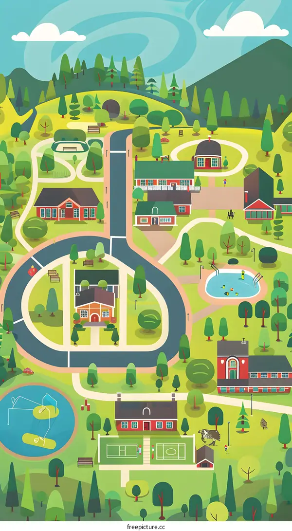 A Colorful Illustration of a Small Town in the Countryside