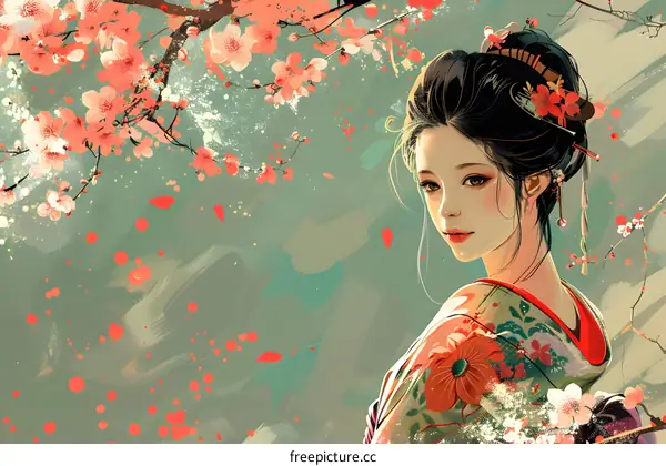 A beautiful Japanese woman in a kimono stands under a cherry blossom tree.
