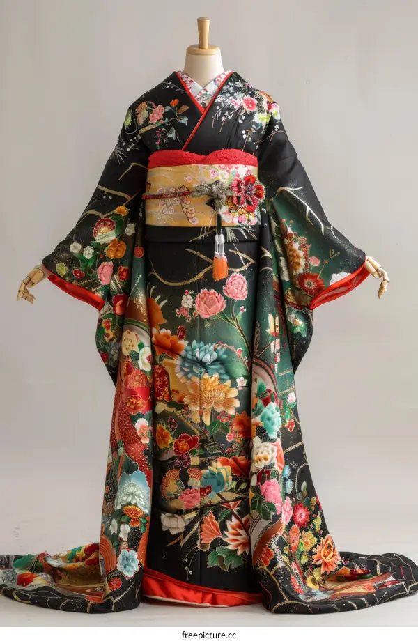 A woman wearing a kimono with a floral pattern