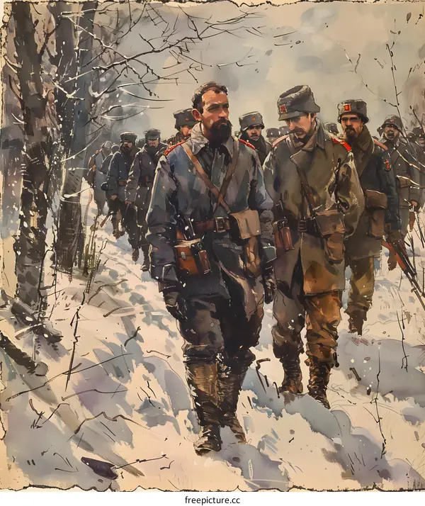 A group of soldiers trudging through the snow