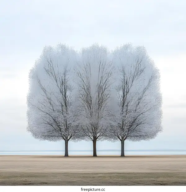 Three Trees by the Water in a Misty Day