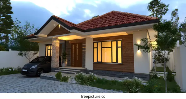Modern House with a Stone Wall and a Car in the Driveway