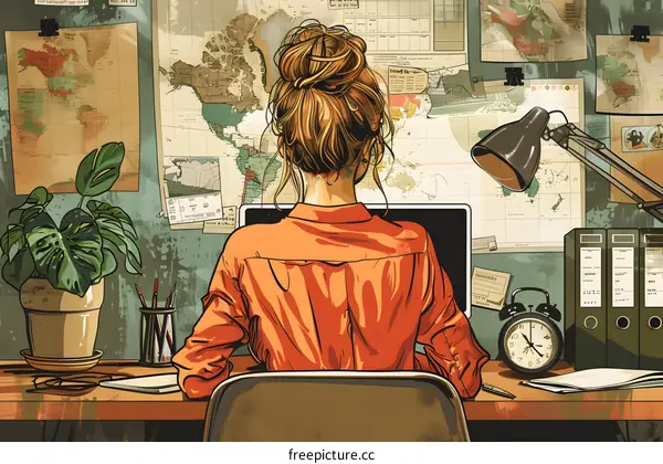 Woman Working at Desk with World Map on the Wall
