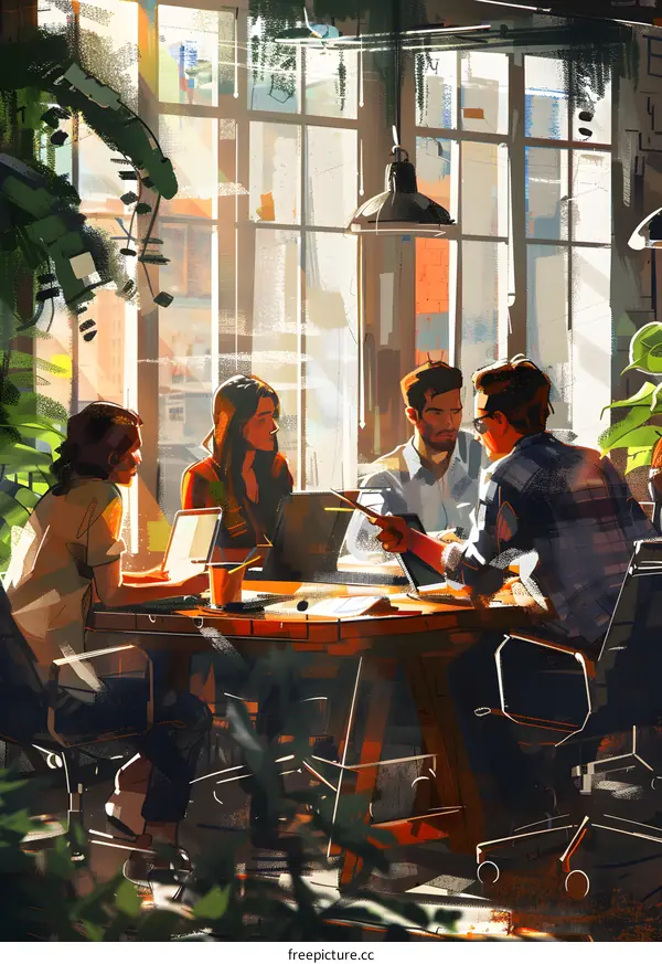 Business Meeting In Modern Office With Sunlight Through Window