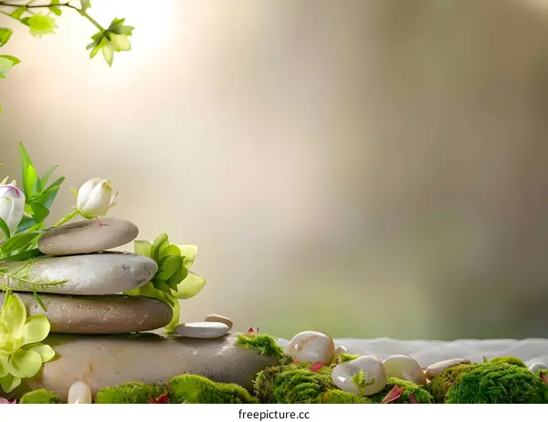 Zen Stones with Flowers and Moss on a Green Background