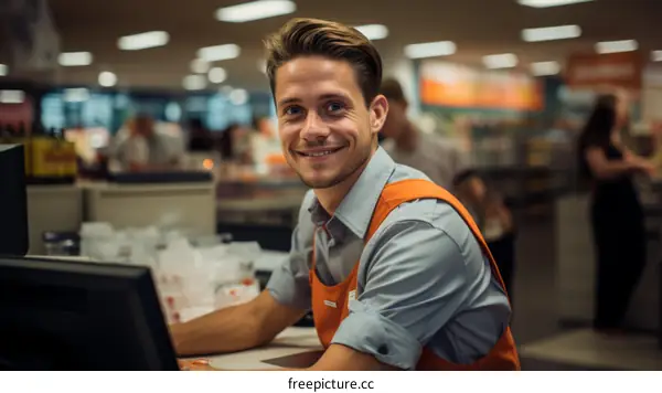Portrait of a happy young male grocery store clerk