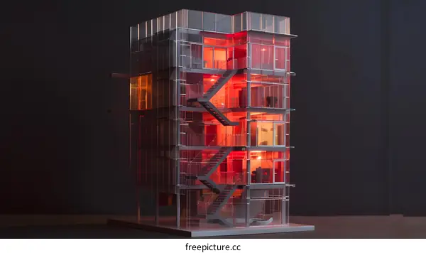 Modern Glass Building Model with Red Lights