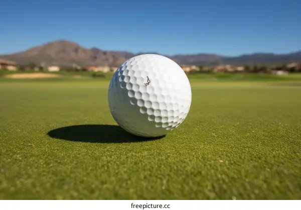 Close-up of a golf ball on a putting green with the golf course and mountains in the background