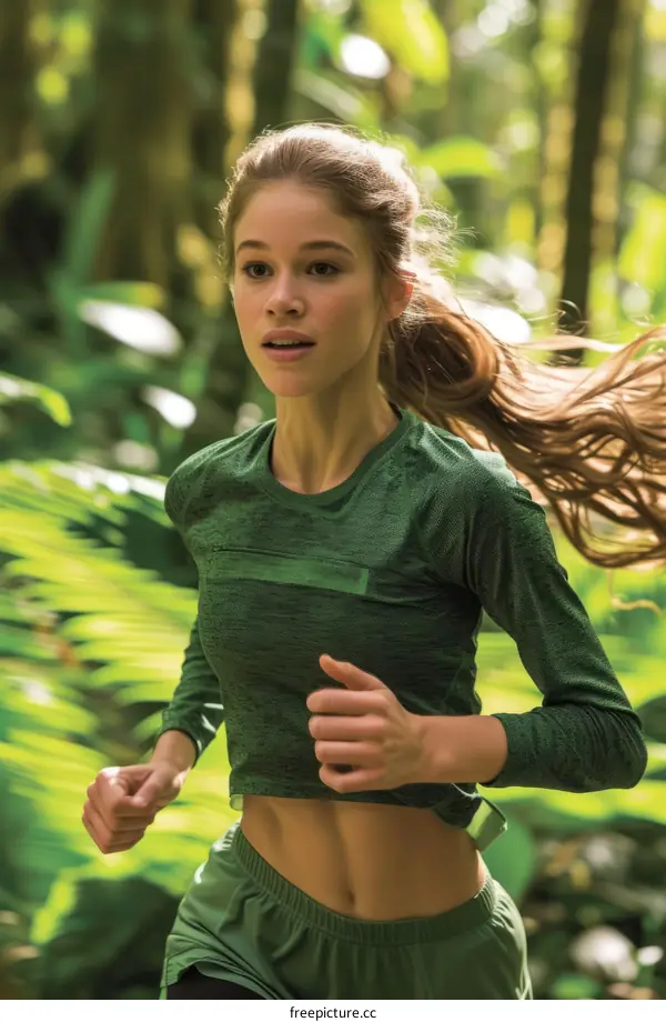 Young female runner in green sportswear running in the jungle