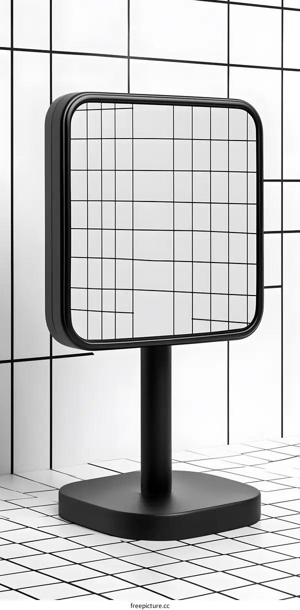 Black Modern Mirror with Square Stand on Tiled Background