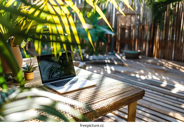Laptop on a Wicker Table in a Tropical Garden
