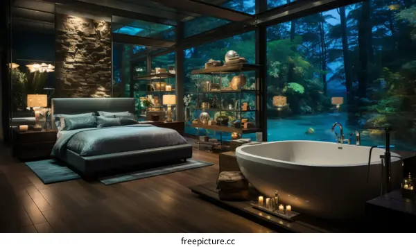 Modern bedroom with a view of the forest and river