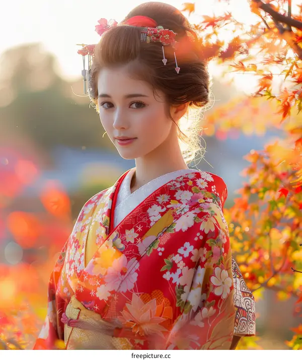 Portrait of a beautiful Japanese woman in traditional kimono