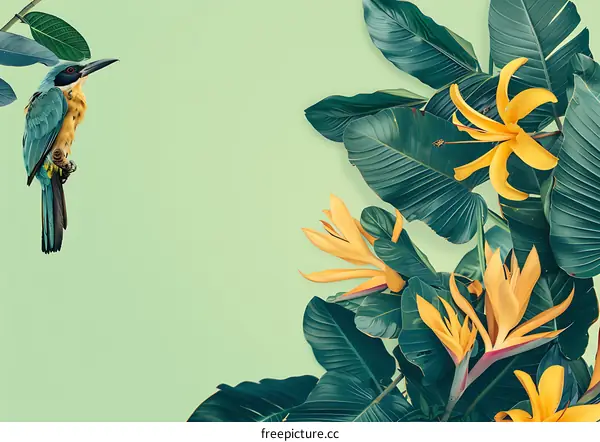 Tropical Bird and Flowers on Green Background