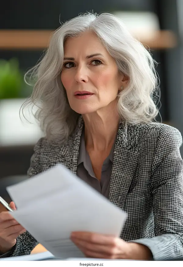 Serious Caucasian Woman Reviewing Documents
