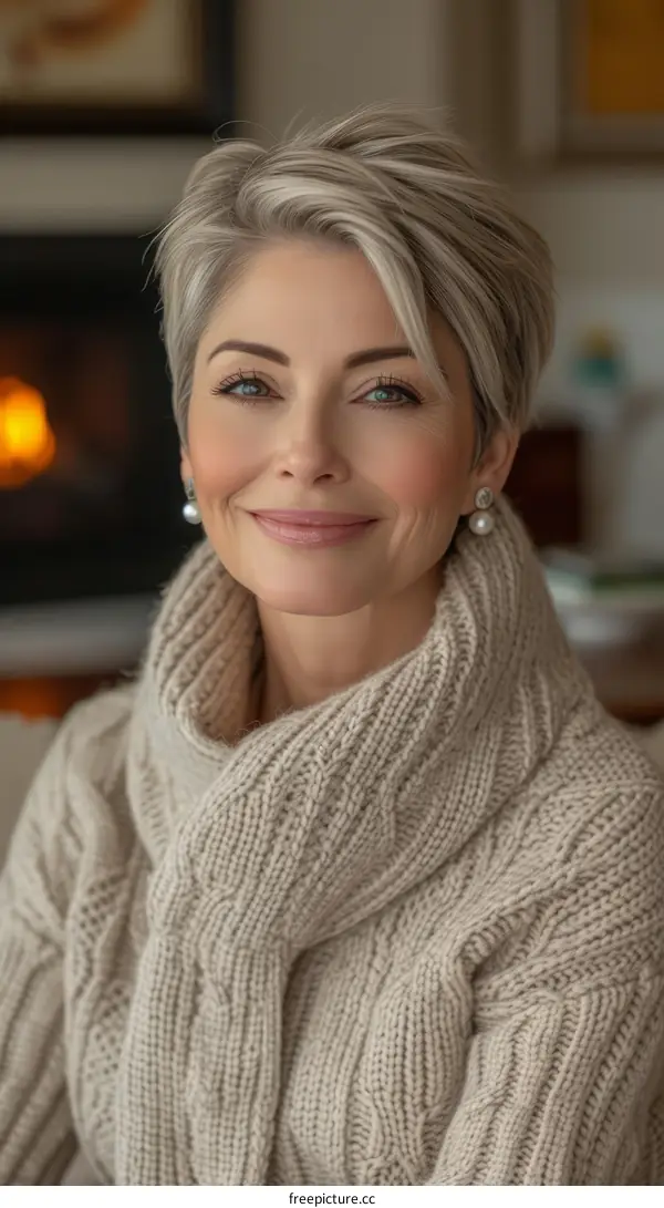 A beautiful middle-aged woman with short gray hair is smiling at the camera.