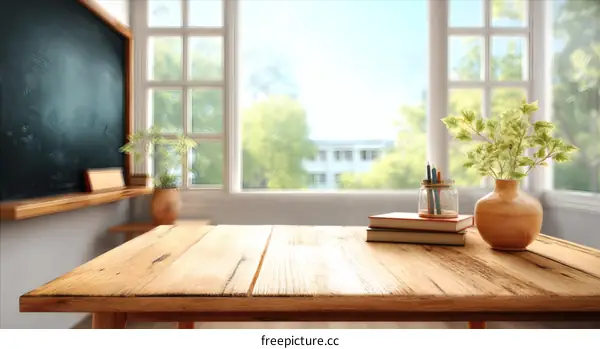 Empty Wooden Table with Books and Plants in a Classroom Setting