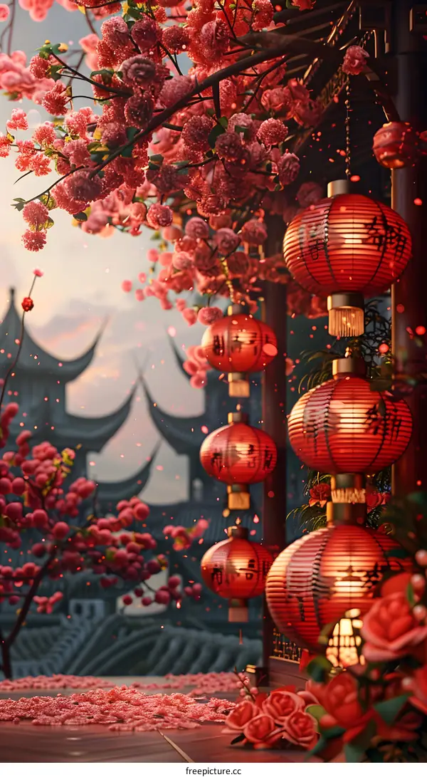Chinese courtyard with red lanterns and pink cherry blossoms