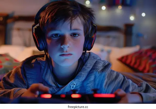 Young gamer playing video games in the dark
