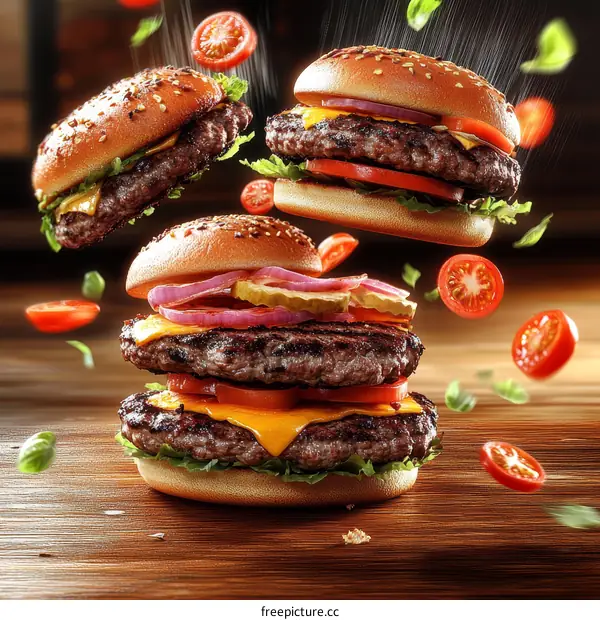 Delicious Burgers in Motion on Wooden Table