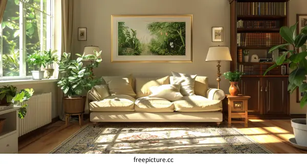 Cozy living room with sofa, plants, books, and natural light