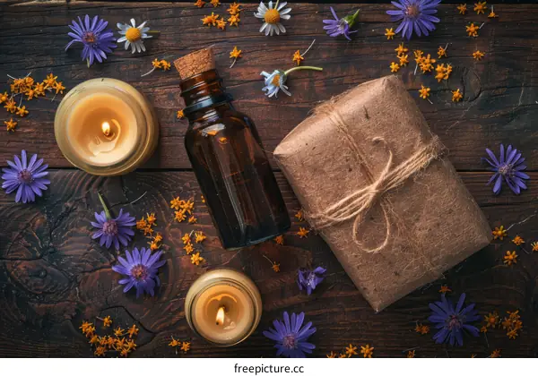 Aromatic Still Life with Candles, Floral Arrangement, and Gift