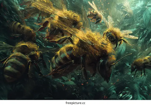 A swarm of bees in a lush green forest