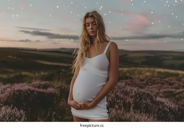 A pregnant woman standing in a field of lavender at sunset