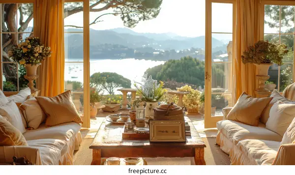Bright living room with a view of the Mediterranean Sea