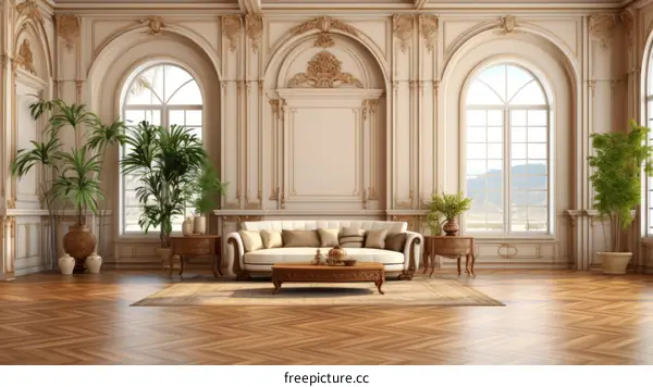 Ornate living room with sofa and plants