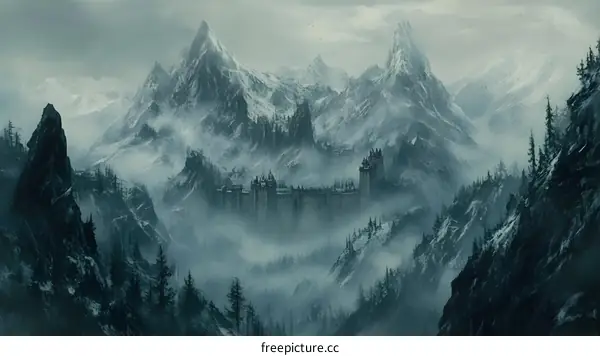 Castle in the Mountains with Snow and Fog