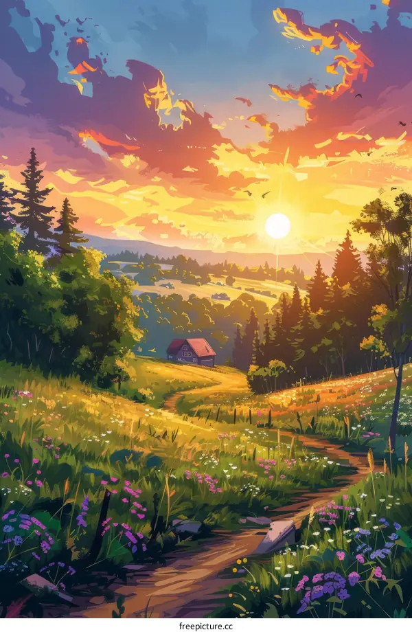 Colorful Sunset Over Green Rolling Hills