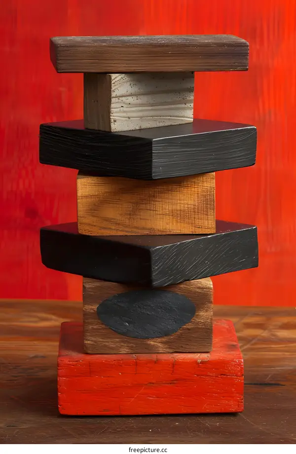 Colorful wooden blocks stacked on a red table against a red background