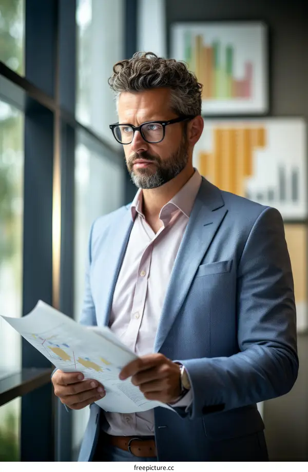 pensive businessman looking at graphs and statistics