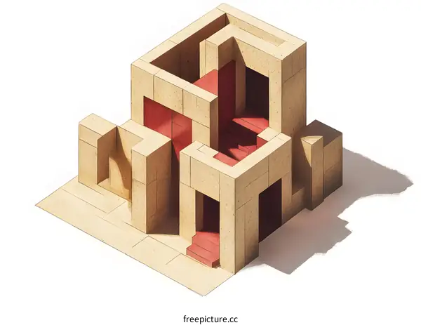 Abstract Illustration Of A Building With Red Doors And Stairs