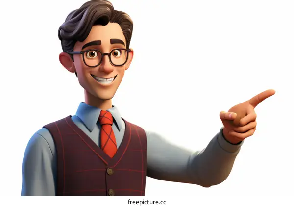 Smiling Cartoon Boy in Vest and Tie Pointing Right