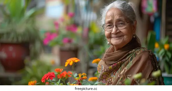 Portrait of an elderly Indian woman smiling in a garden