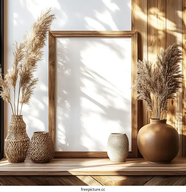 Blank Wooden Framed Poster Mockup with Pampas Grass