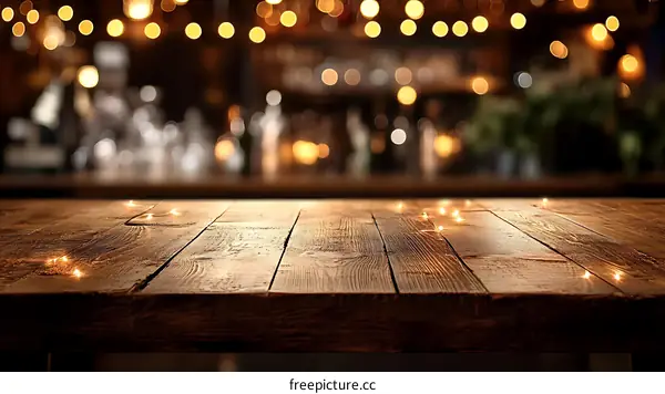Wooden Table Top with Bar Background Lights