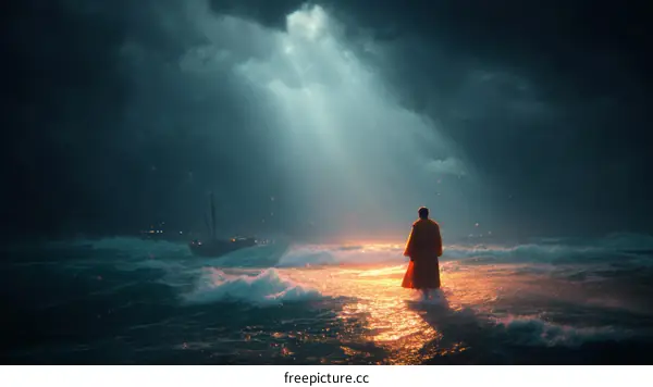 Man Walking Through Turbulent Waters Towards Light