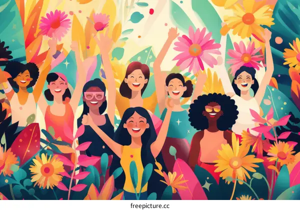 A group of diverse women celebrating in a field of flowers